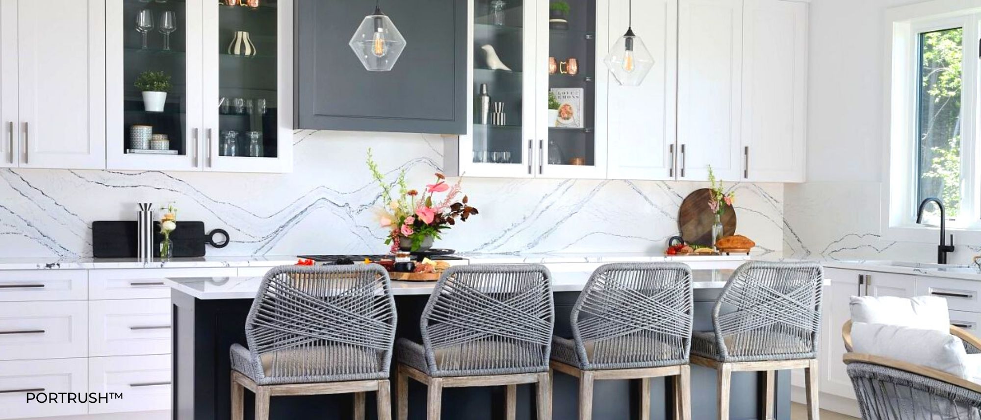 Portrush Cambria Quartz Countertops with Full Height Backsplash Blue Countertops