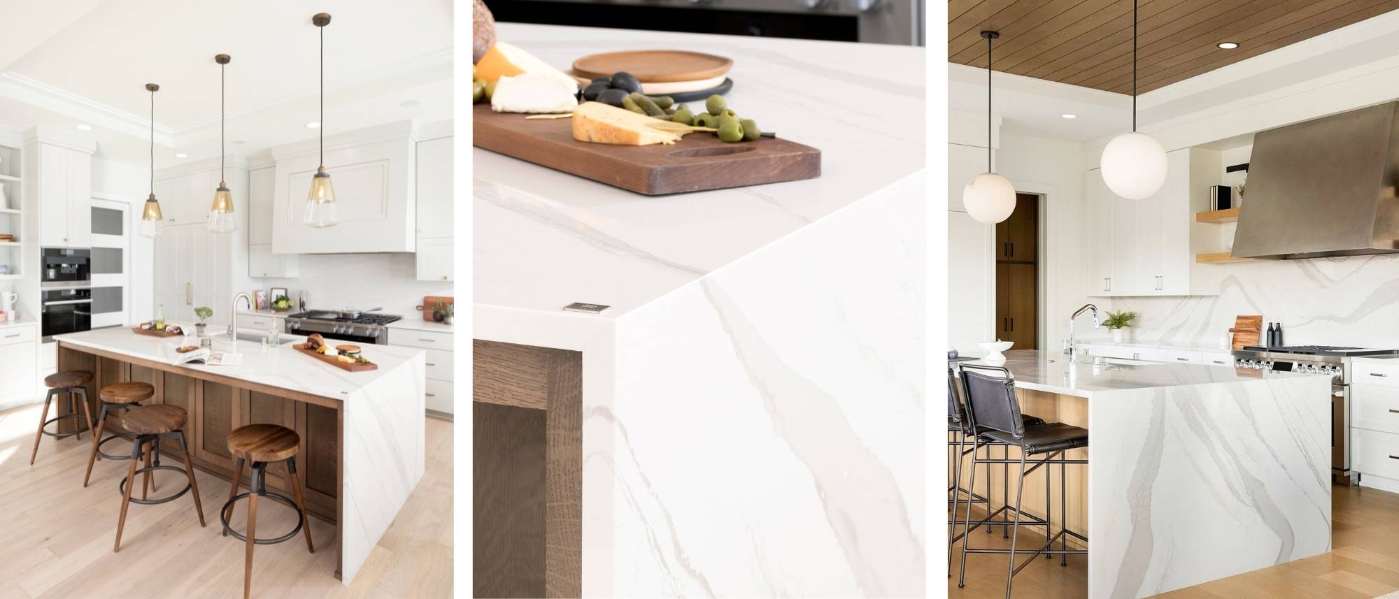 Brittanicca Warm Cambria Quartz Kitchen Countertops with Waterfall Panel Edges and Matching Quartz Full Height Backsplash