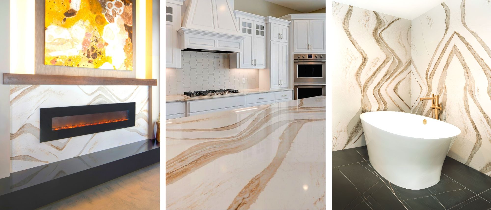 BRITTANICCA GOLD™ Design Spotlight Installed Kitchen Countertops Bathroom Countertops Shower Walls Header Cambria Brittanicca Gold Countertops Brittanicca Gold Quartz Cambria Brittanicca Gold