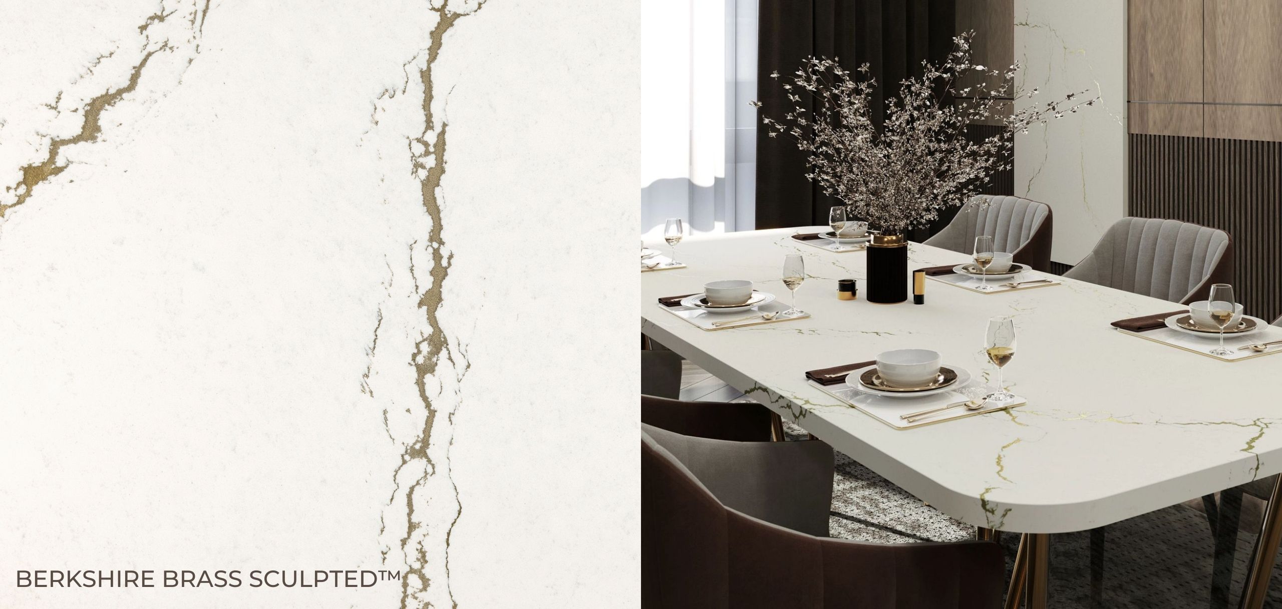 Berkshire Brass Sculpted Cambria Quartz Close Up and Table
