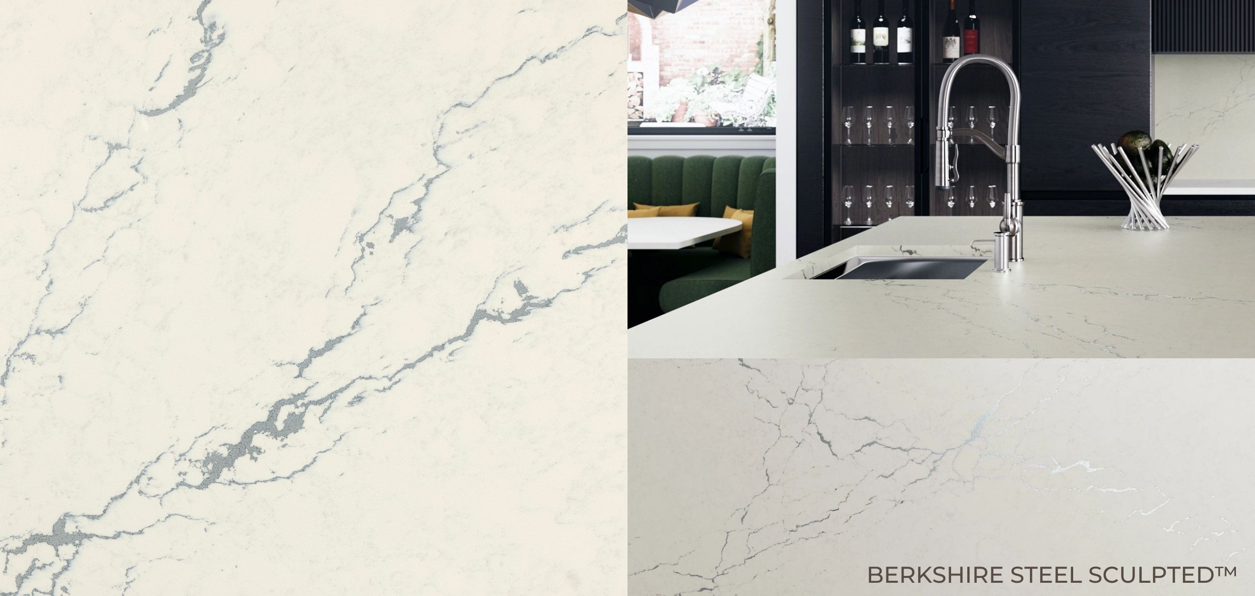 Berkshire Steel Sculpted Cambria Quartz Close up and Kitchen Countertops
