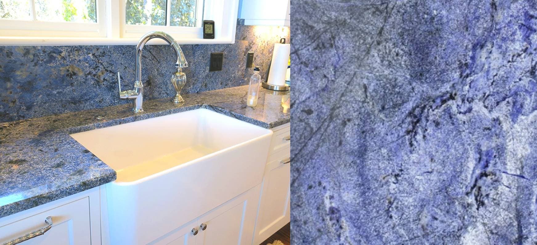 Blue Bahia Granite Countertops and Close up Blue Countertops