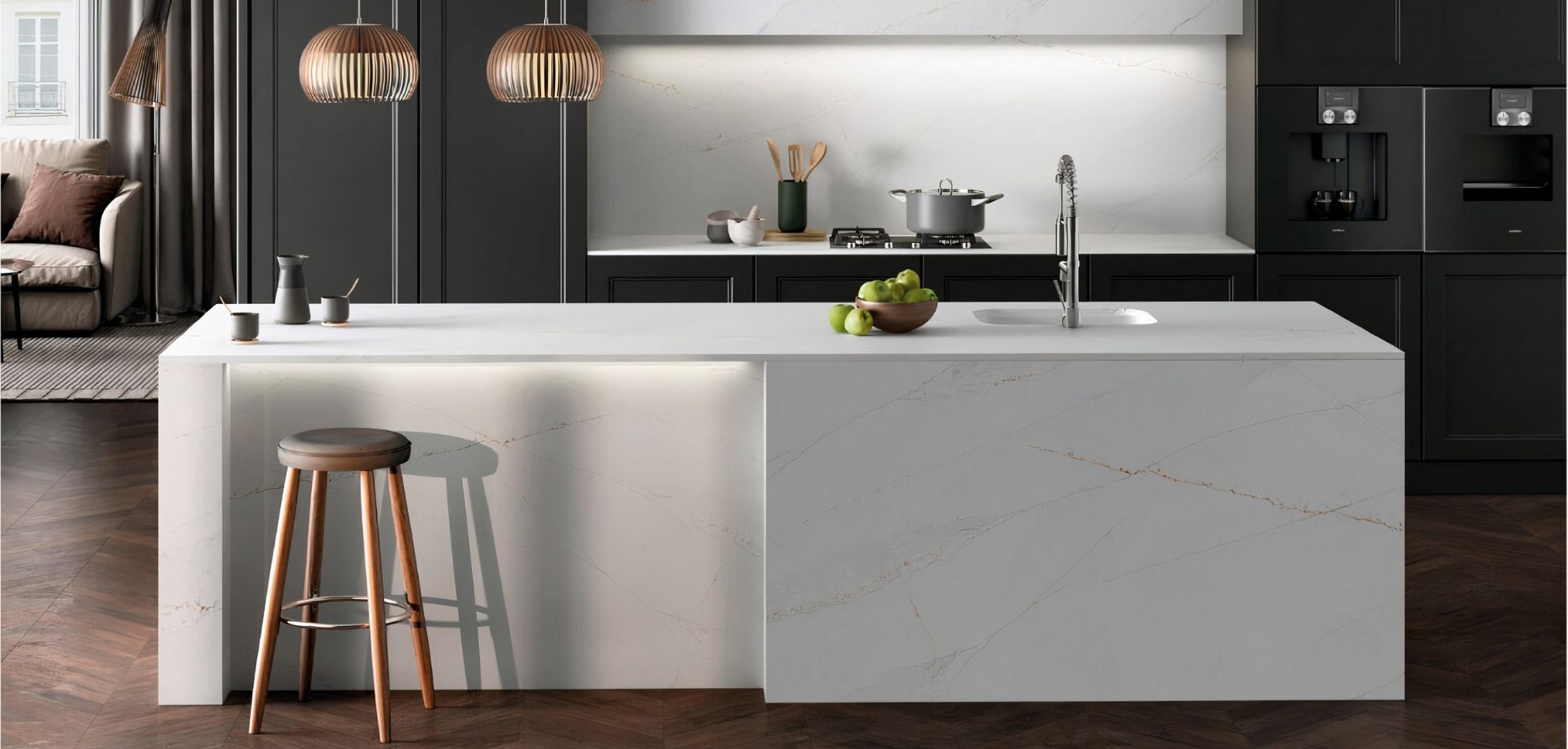NEW! Ethereal Glow Silestone Quartz Waterfall Island, Full Height Backsplash and Countertops What is Silestone Quartz