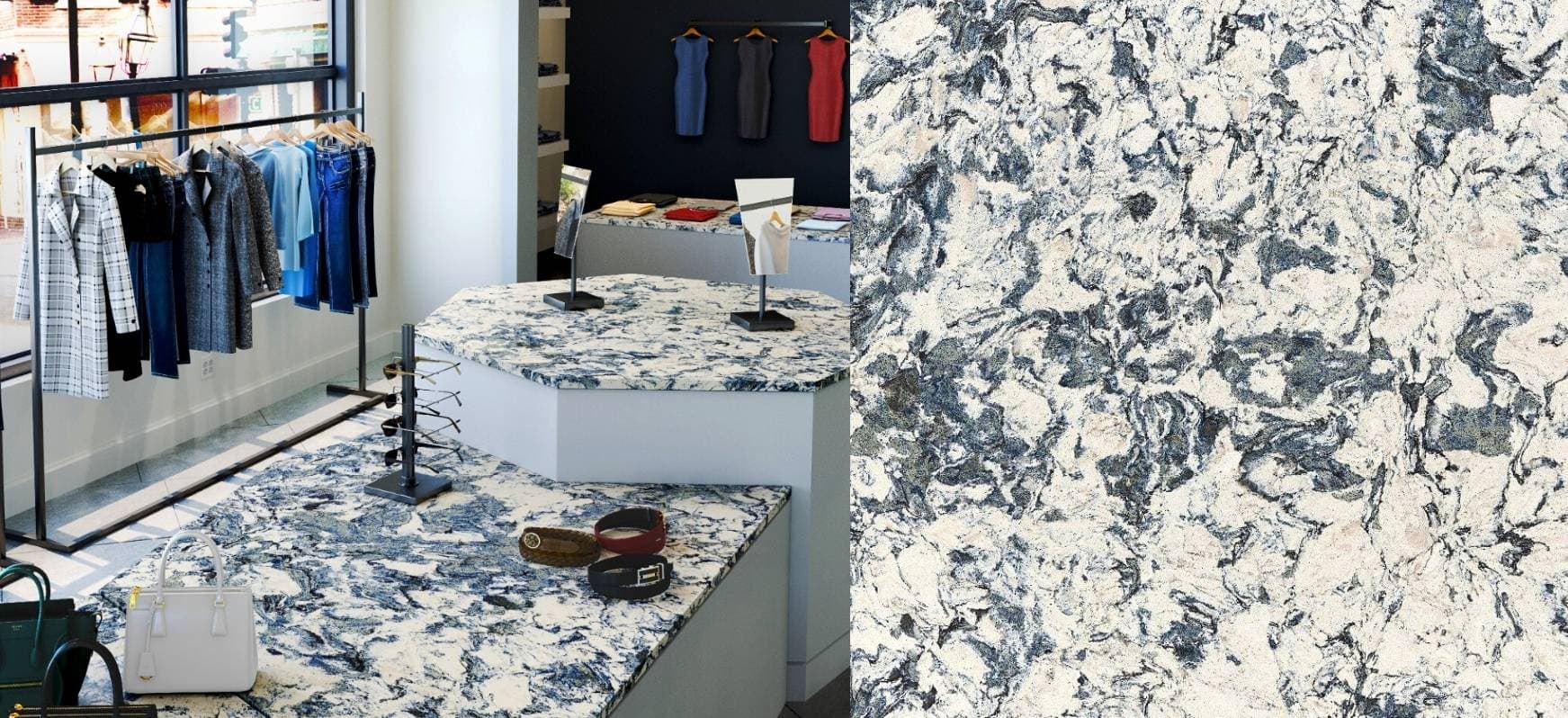 Mayfair Cambria Quartz Countertops and Close up Blue Countertops White Countertops