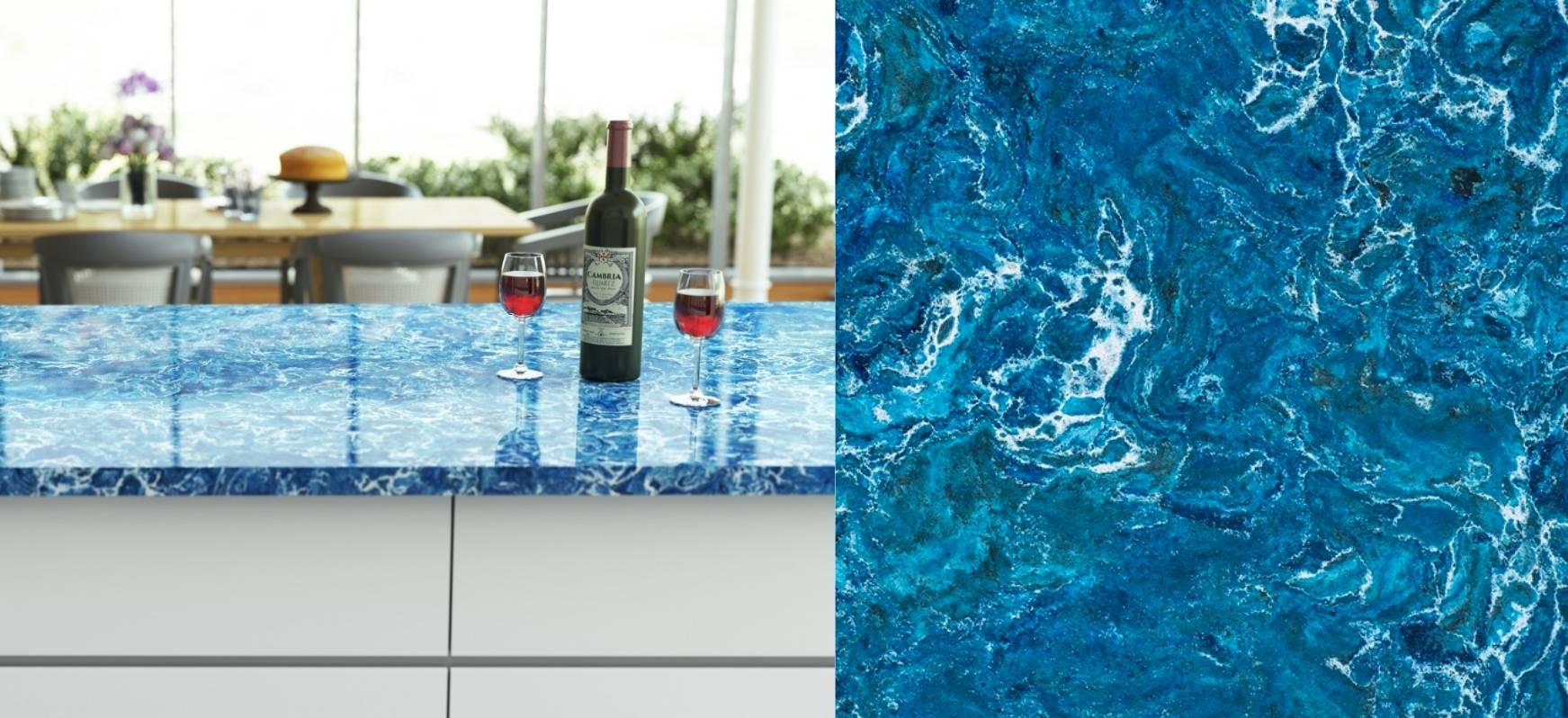 Skye Cambria Quartz Countertops and Close up Blue Countertops