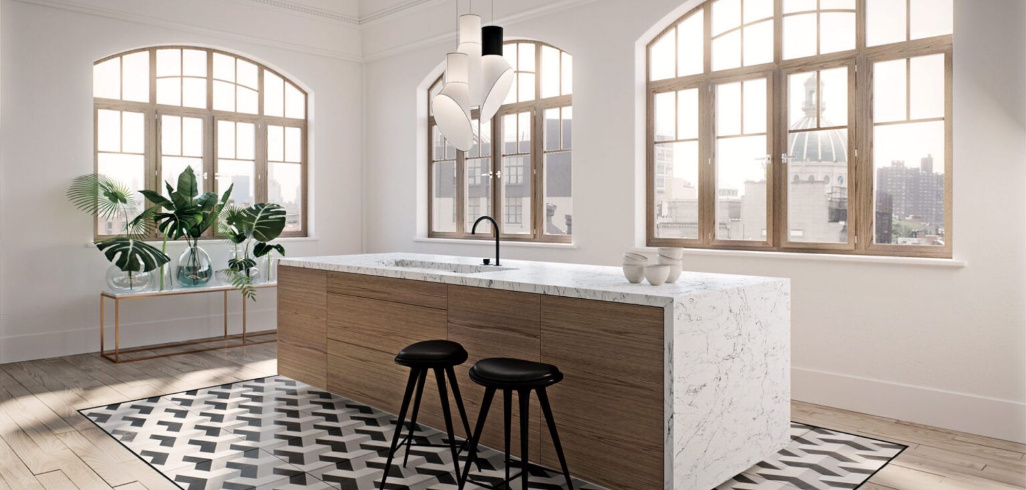 white attica caesarstone quartz kitchen countertops with waterfall island