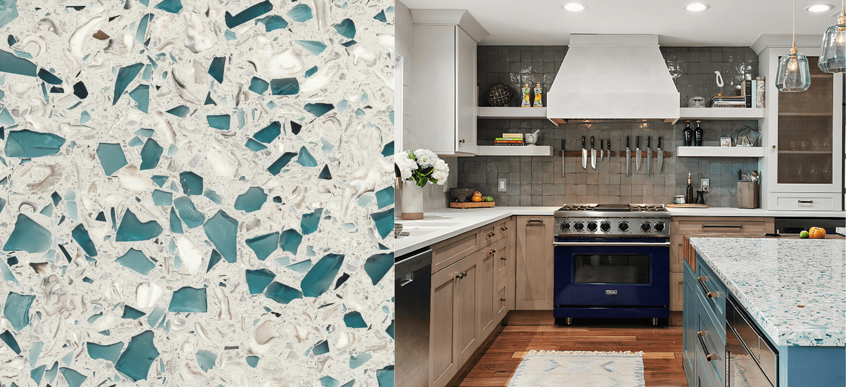Bretagne Blue Recycled Glass Kitchen Countertops and Close Up Blue Countertops Vetrazzo Recycled Glass Countertops